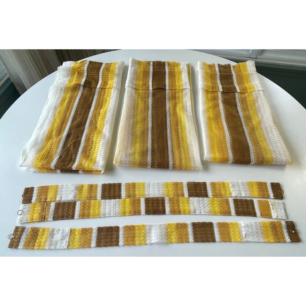 Vintage 70s curtains, white, yellow, orange stripes, tiebacks, price for a pair